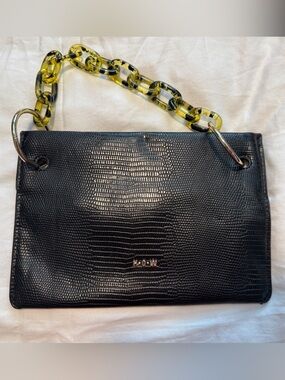 NWOT House of Want Black Lizard-Embossed Clutch with Yellow Tortoise Chain Strap